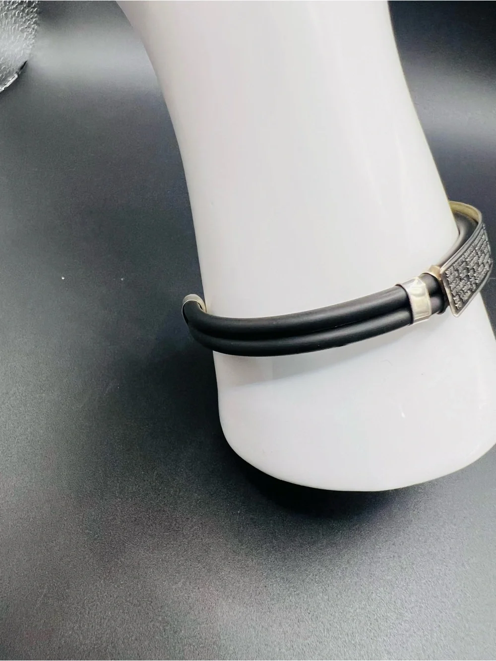 Black rubber and Sterling Silver Saint Benedict Prayer Cuff Bracelet